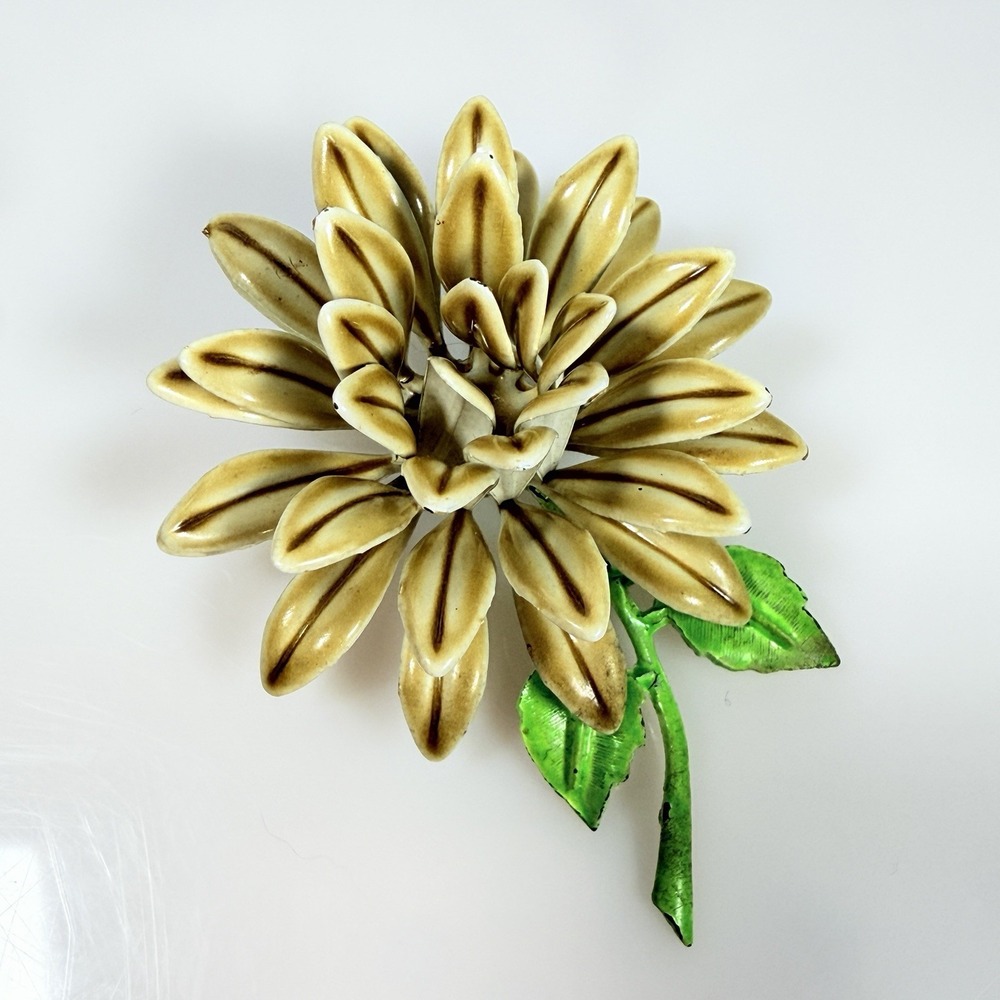 Vintage Enamel Flower Brooch 1960s MOD Earth Tones 3 inches